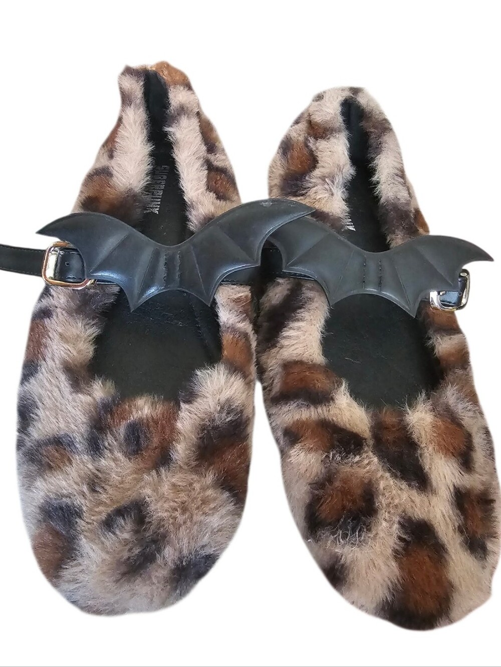 Sugerpunk Faux Fur Leopard Print Mary Jane Flats with Bat Accent